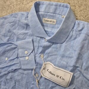 Collars and Co Button Up Shirt Mens Medium Linen Blue Office Coastal Wedding New